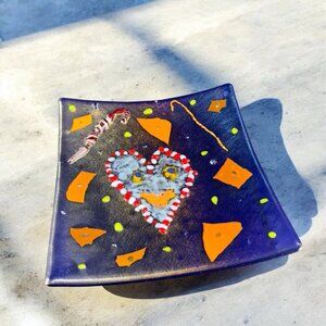 Hand Made Dichroic Fused Art Glass Square Dish Plate Christmas Decorated Vintage